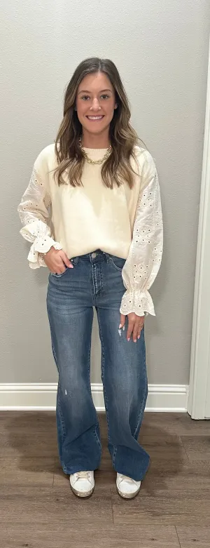 Cream Lightweight Sweater Top w/ Eyelet Sleeve Details
