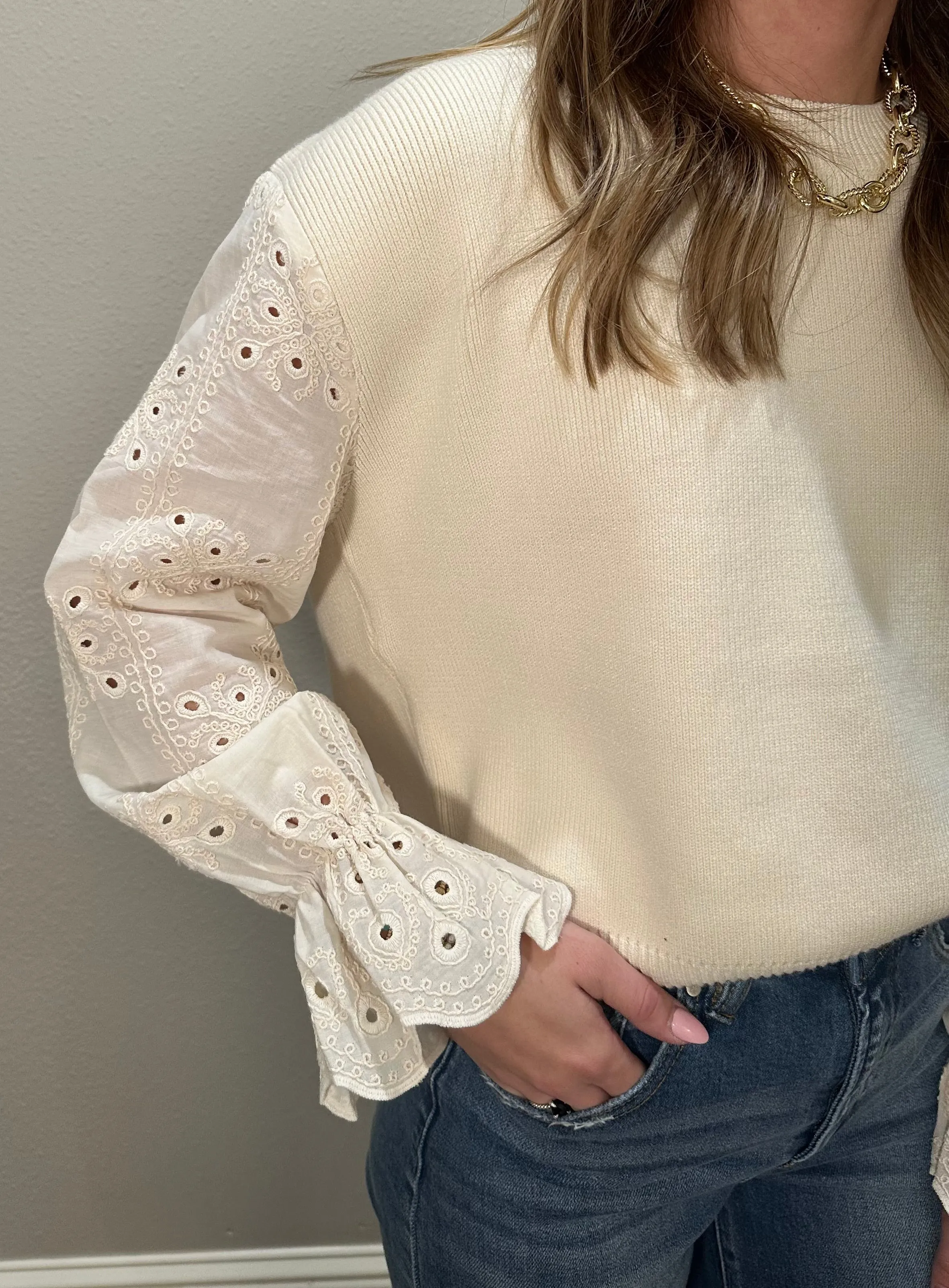 Cream Lightweight Sweater Top w/ Eyelet Sleeve Details