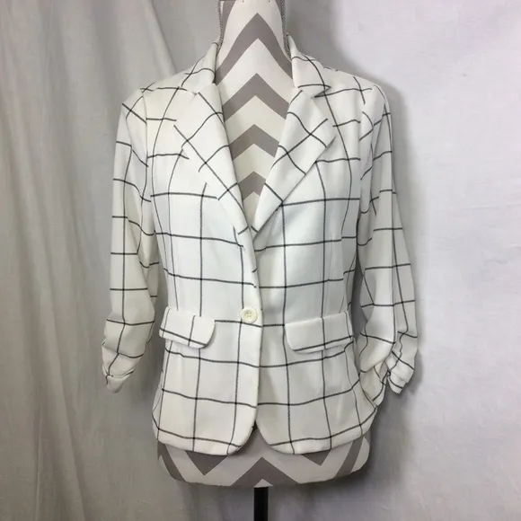 Crescent &amp; Willough White Black Plaid Blazer  Sz M