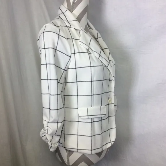 Crescent &amp; Willough White Black Plaid Blazer  Sz M