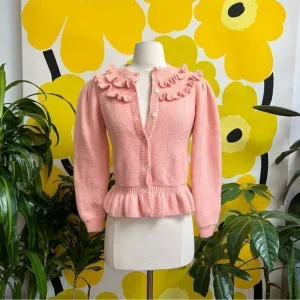 Darling Vintage 1970s Cotton Candy Pink 100% Wool Ruffle Accent Cardigan Sweater