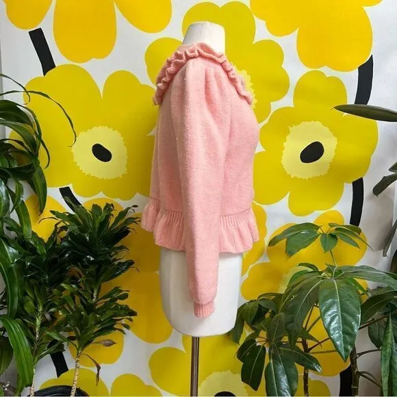 Darling Vintage 1970s Cotton Candy Pink 100% Wool Ruffle Accent Cardigan Sweater