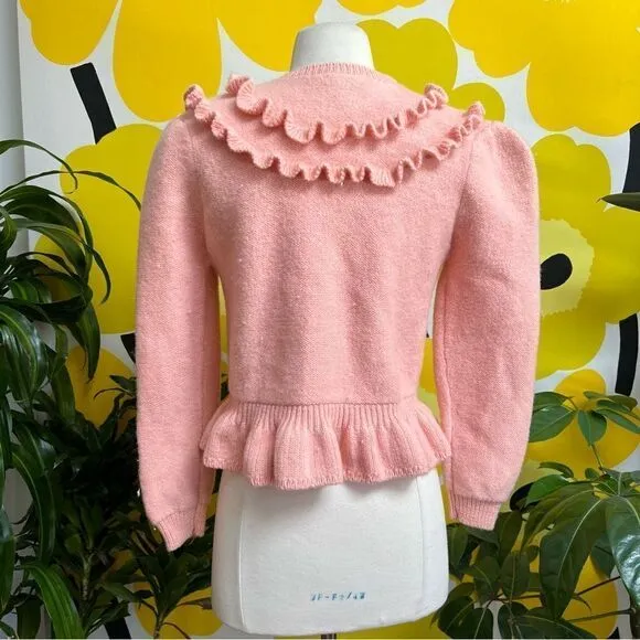 Darling Vintage 1970s Cotton Candy Pink 100% Wool Ruffle Accent Cardigan Sweater