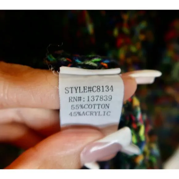 Debut Open Multi Color Midi Cardigan Sweater Black Rainbow Medium Anthropology