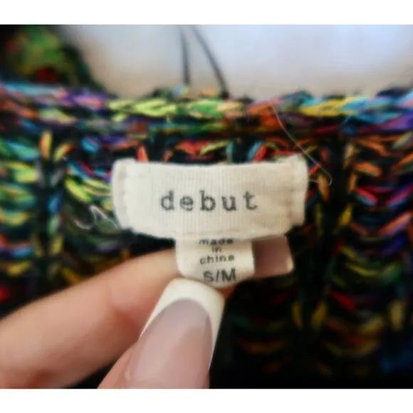 Debut Open Multi Color Midi Cardigan Sweater Black Rainbow Medium Anthropology