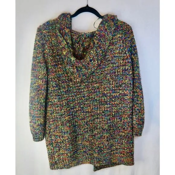 Debut Open Multi Color Midi Cardigan Sweater Black Rainbow Medium Anthropology