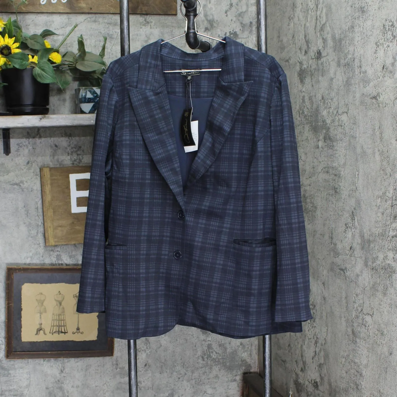 DG2 Womens 2-Button Knit Plus Size Blazer Jacket Coat Gray Plaid 2X