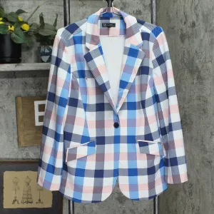 DG2 Womens Knit 1 Button Blazer Jacket 16709747842f25 Blue / Pink Plaid L