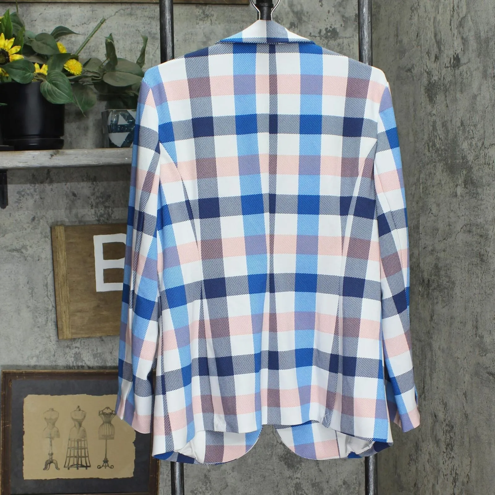 DG2 Womens Knit 1 Button Blazer Jacket 16709747842f25 Blue / Pink Plaid L