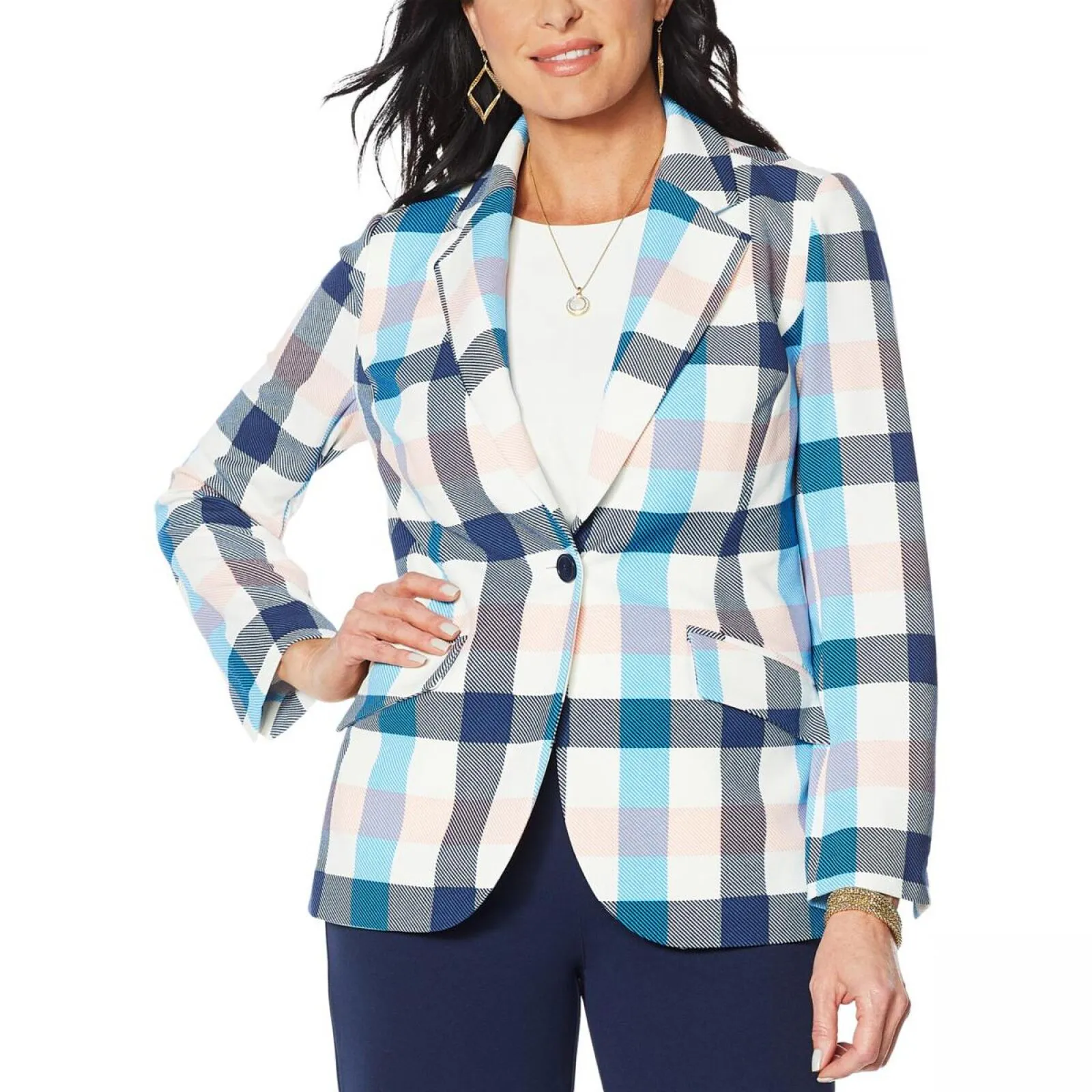 DG2 Womens Stretch Crepe Printed Blazer. 687782 687782 Buffalo Plaid Multi XL