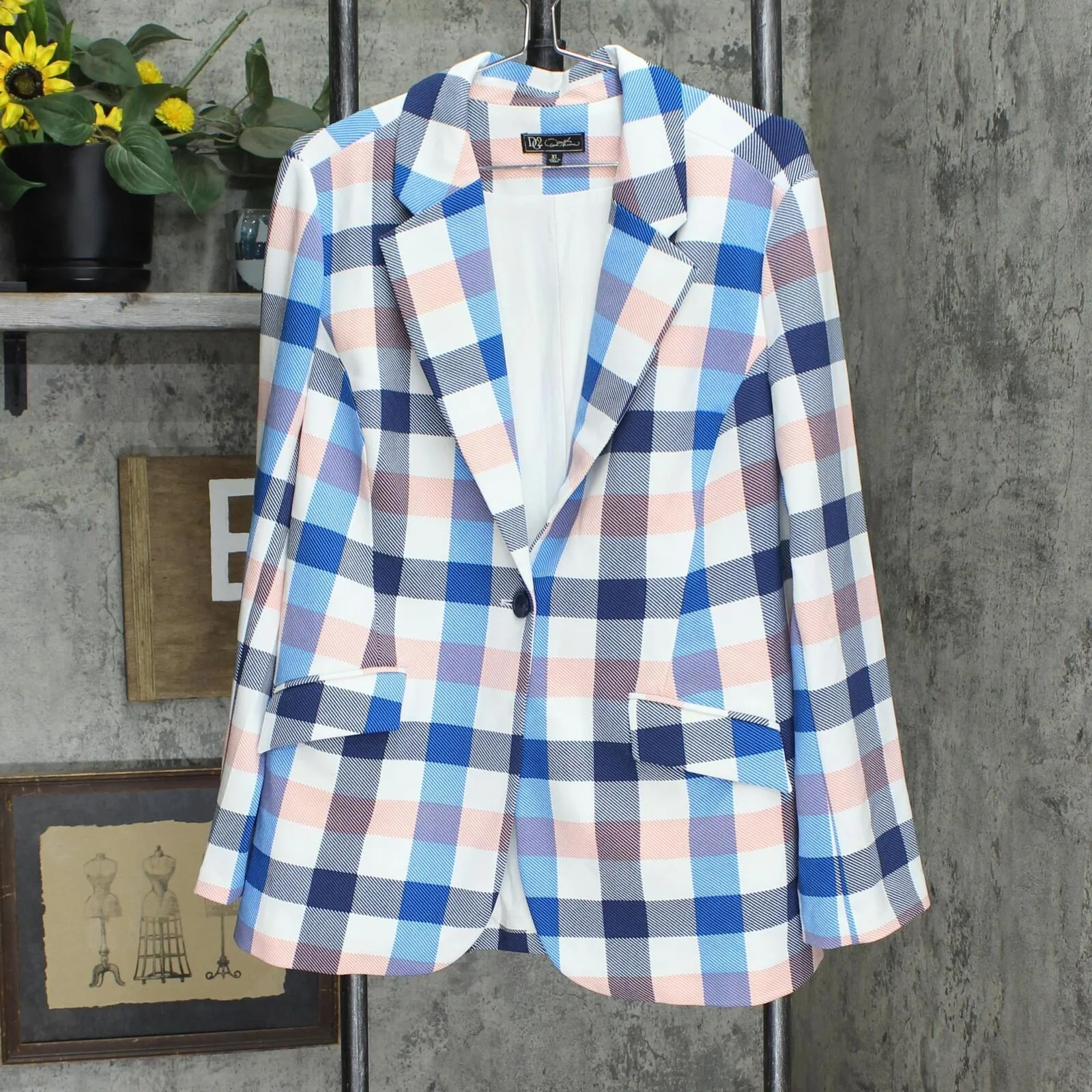 DG2 Womens Stretch Crepe Printed Blazer. 687782 687782 Buffalo Plaid Multi XL
