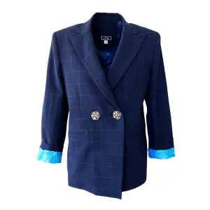 Double-Breasted Blazer in Dark Blue Plaid