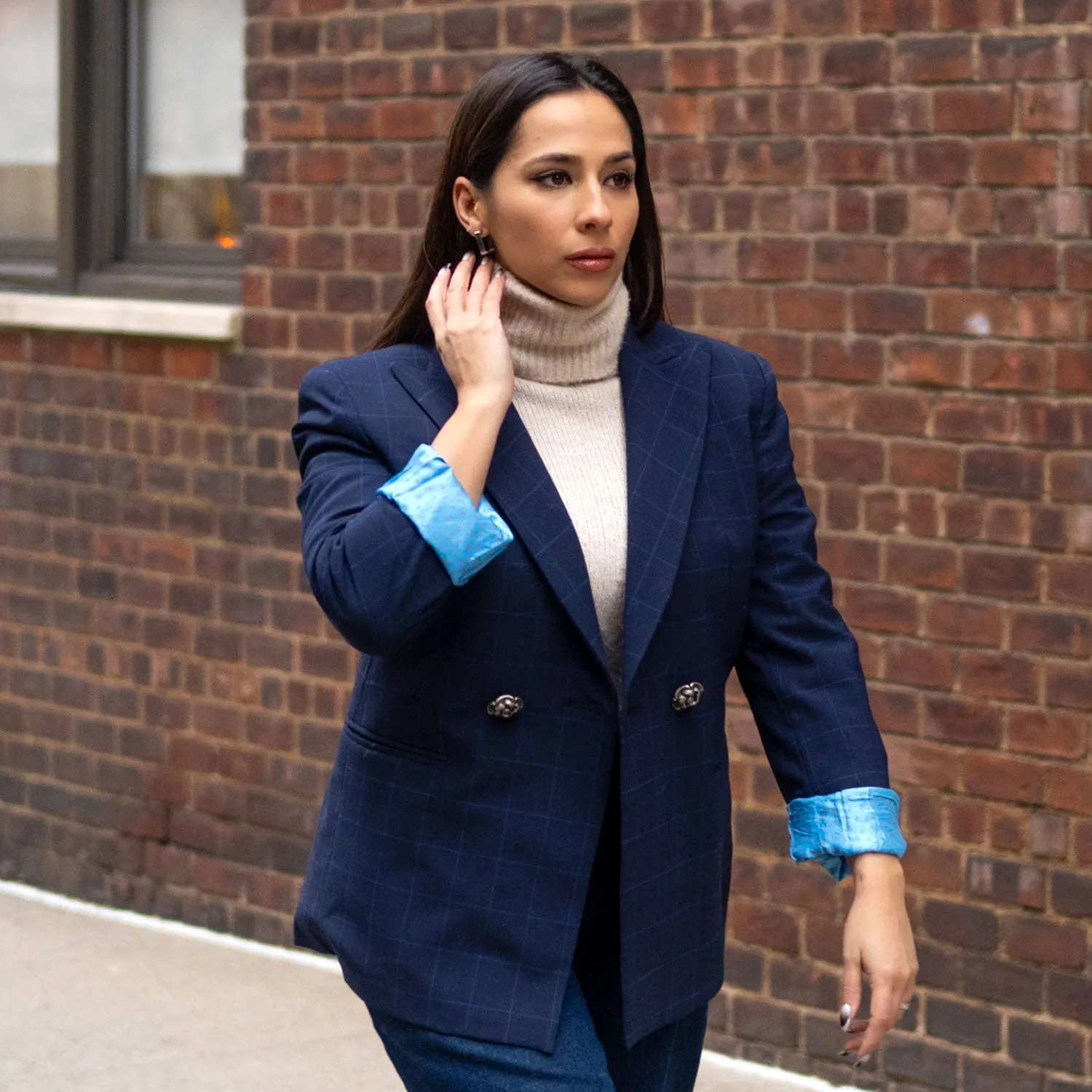 Double-Breasted Blazer in Dark Blue Plaid