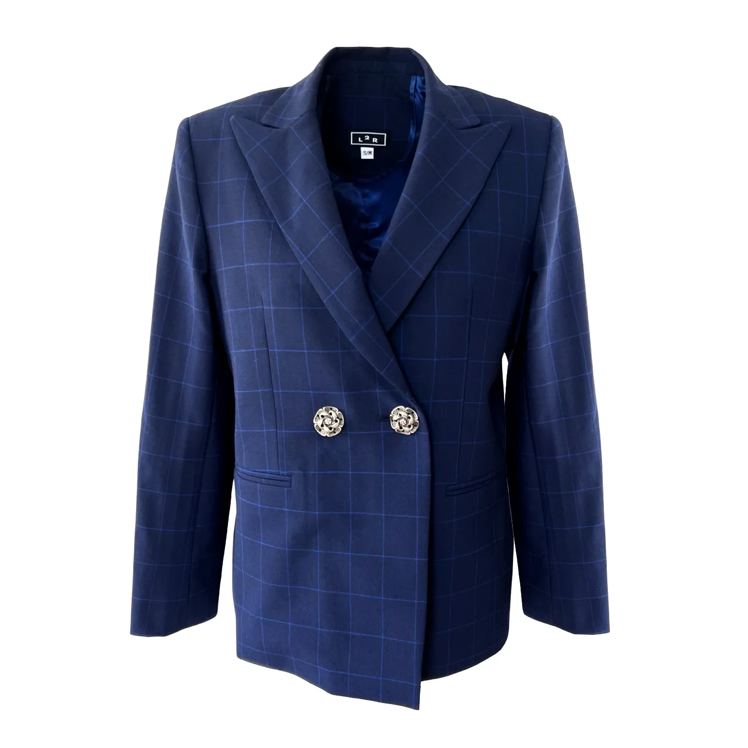 Double-Breasted Blazer in Dark Blue Plaid