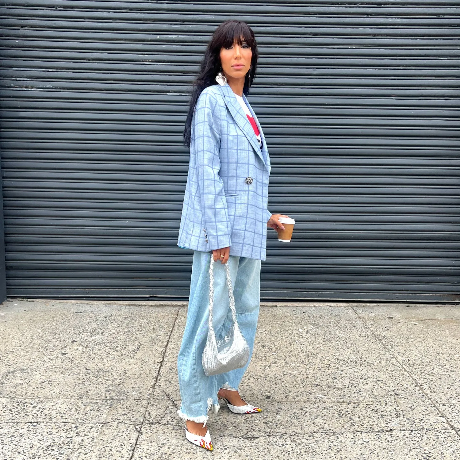 Double-Breasted Blazer in Light Blue Plaid