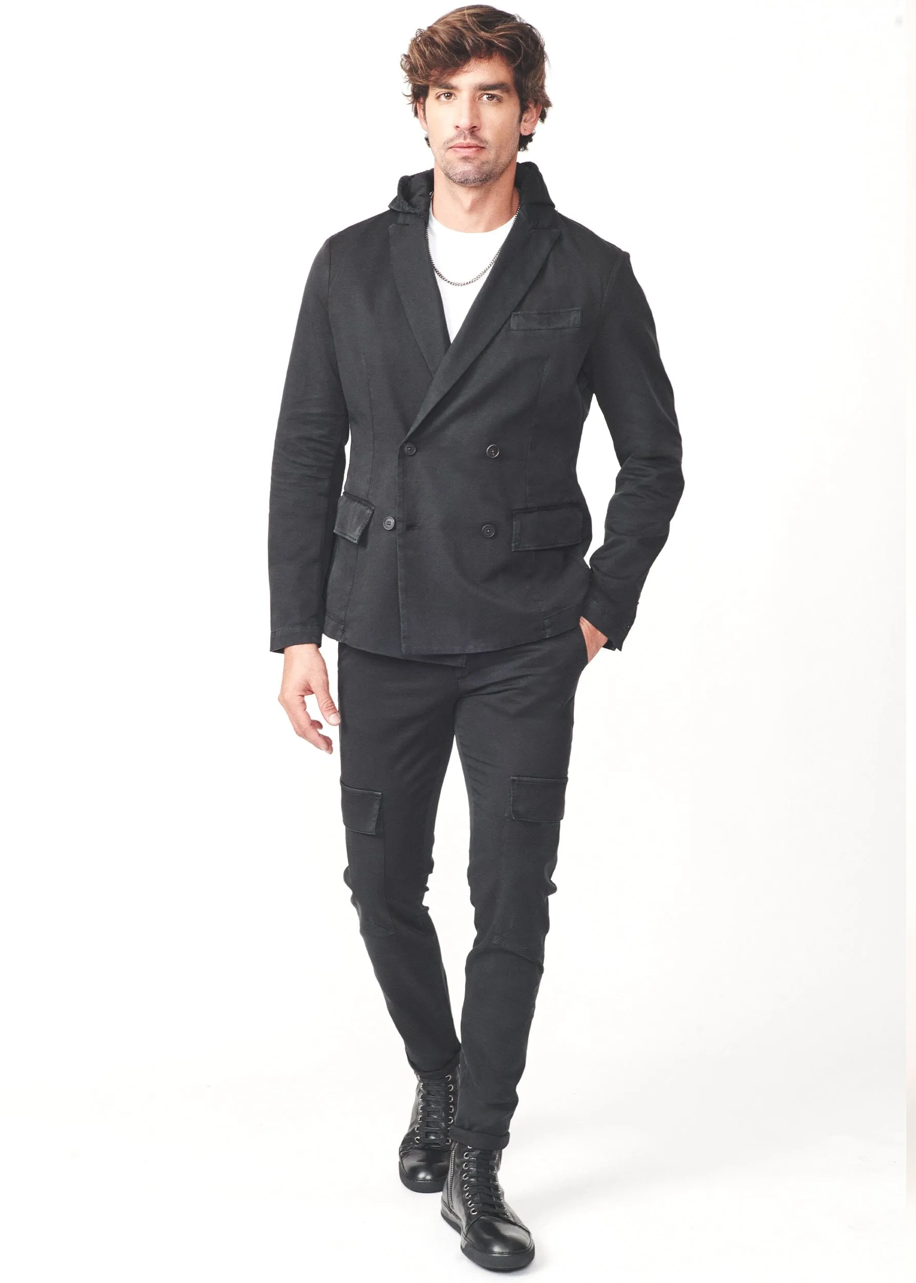 DOUBLE BREASTED HOODED BLAZER