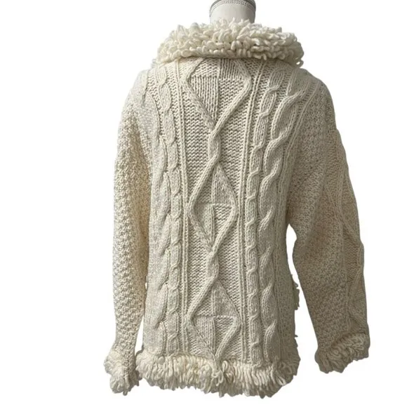Ecuadorian Cream Wool Fisherman Cable Knit Cardigan Sweater Size M