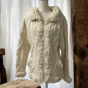 Ecuadorian Cream Wool Fisherman Cable Knit Cardigan Sweater Size M