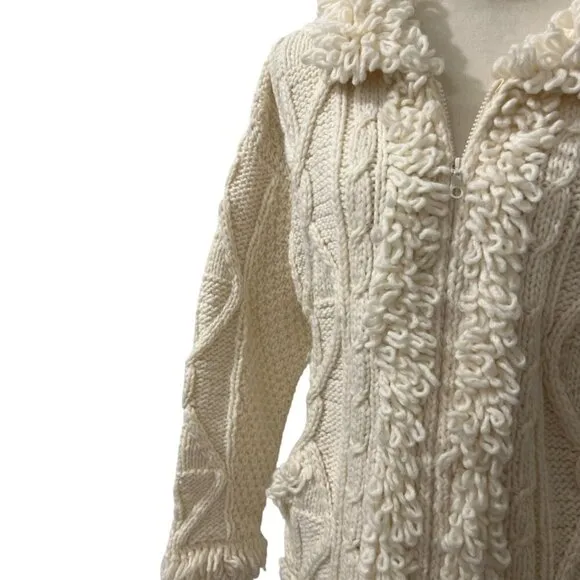 Ecuadorian Cream Wool Fisherman Cable Knit Cardigan Sweater Size M
