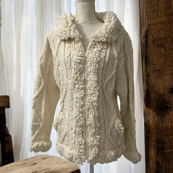 Ecuadorian Cream Wool Fisherman Cable Knit Cardigan Sweater Size M