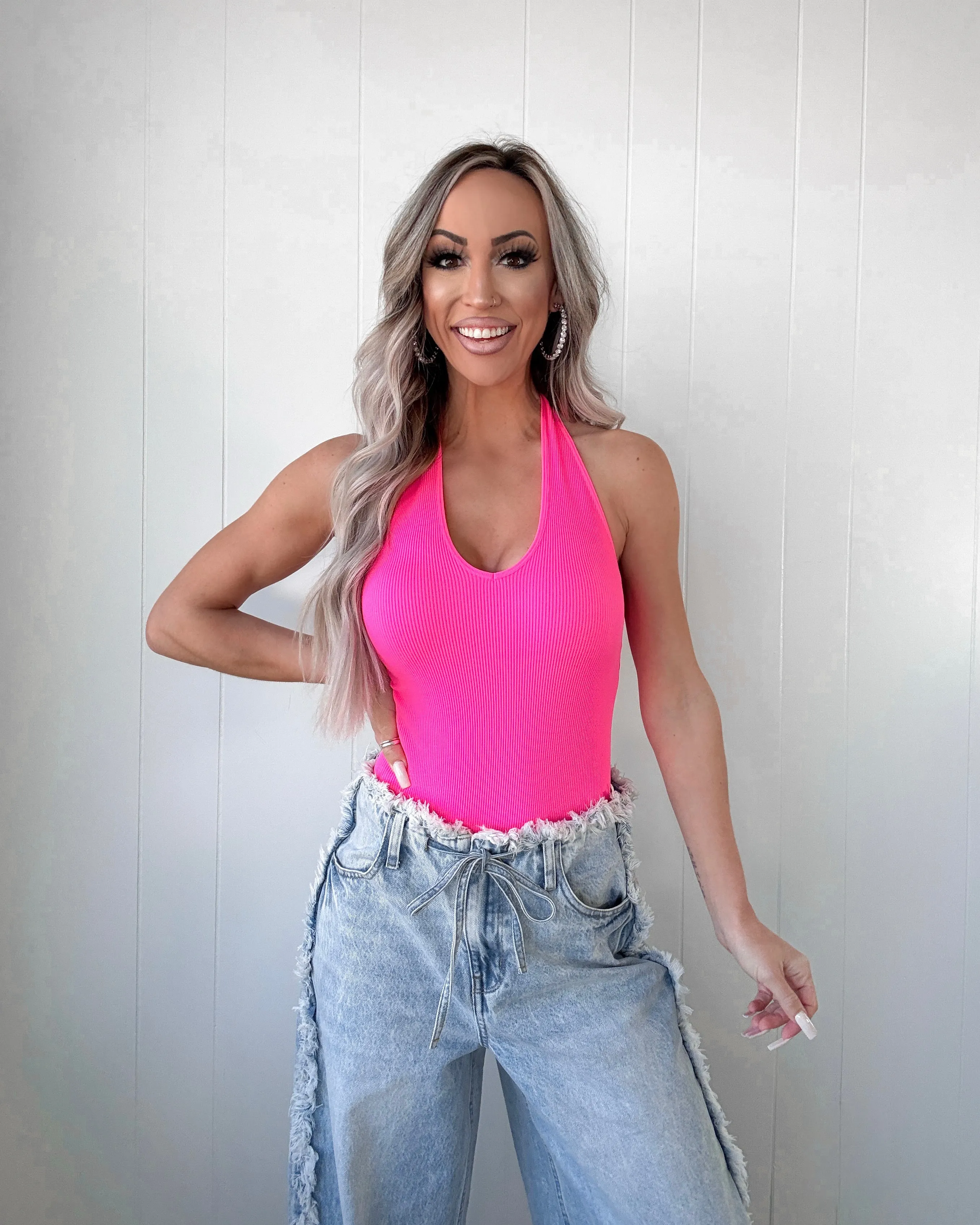 Electric Kiss Halter Bodysuit - Neon Pink