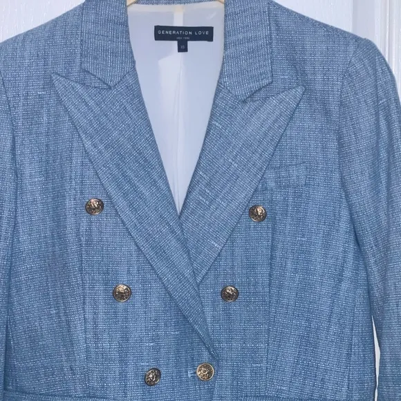 GENERATION LOVE ADELE DENIM TWEED BABY BLUE DOUBLE-BREASTED BLAZER GOLD HW SZ XS