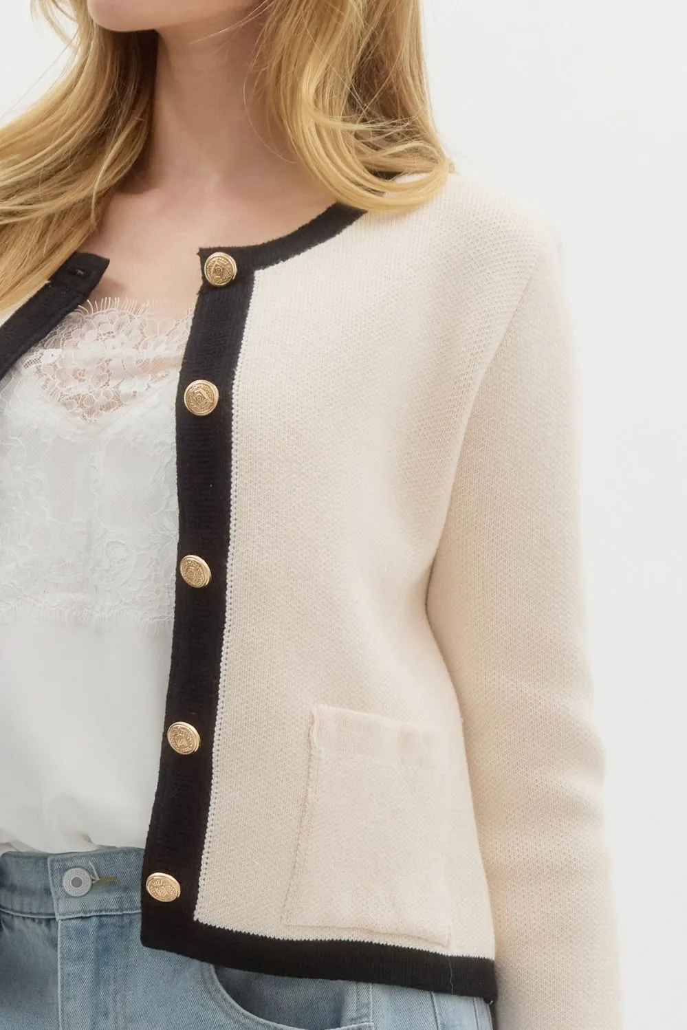 Gold Buttoned Knit Cardigan {Cream}