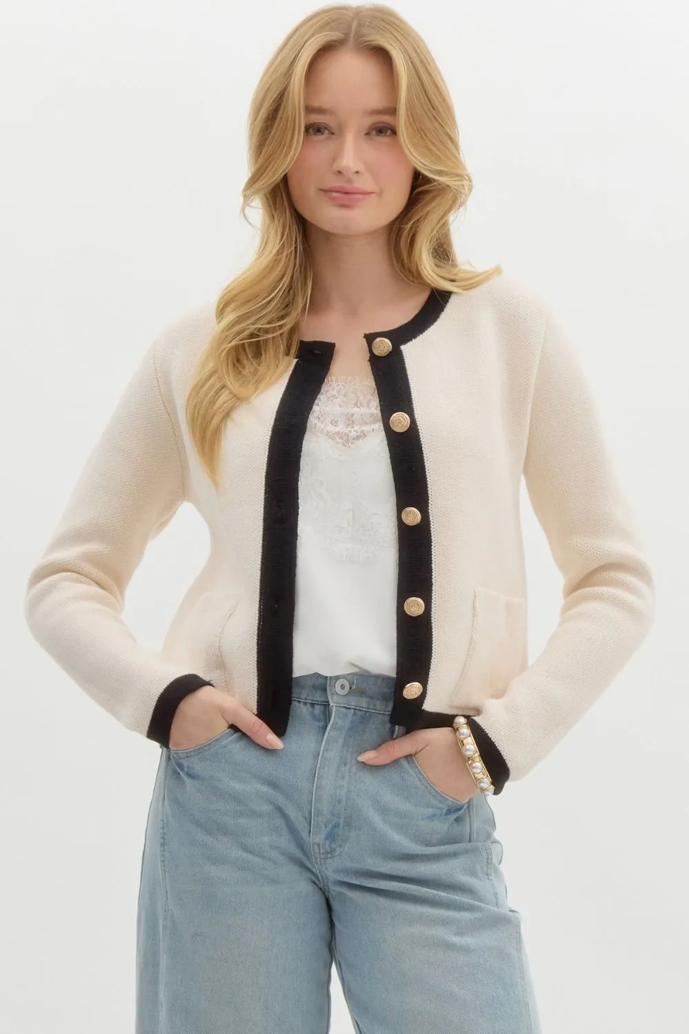 Gold Buttoned Knit Cardigan {Cream}
