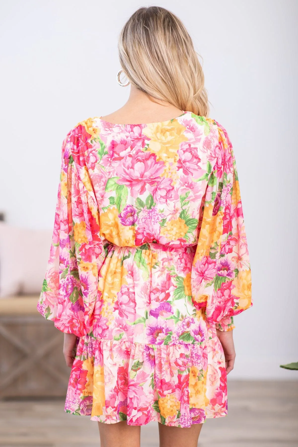 Hot Pink and Yellow Floral Long Sleeve Dress