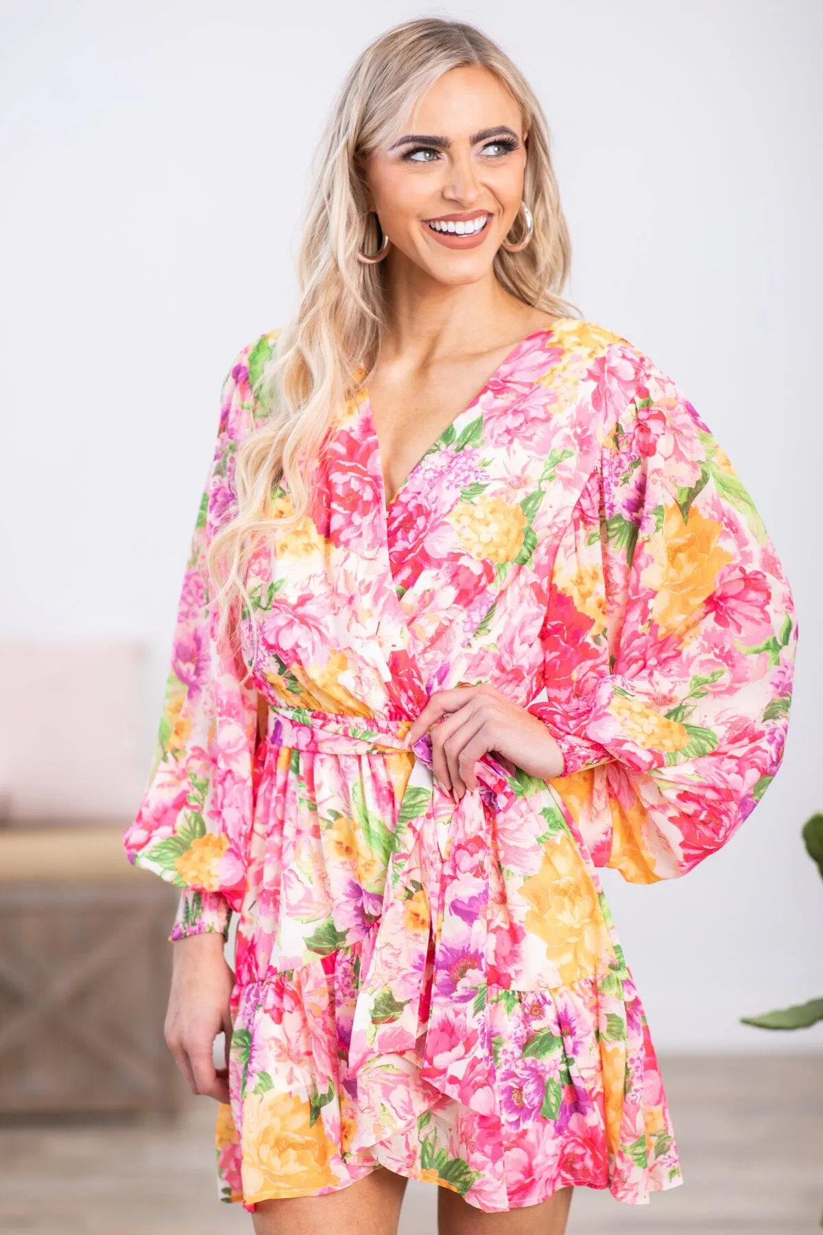 Hot Pink and Yellow Floral Long Sleeve Dress