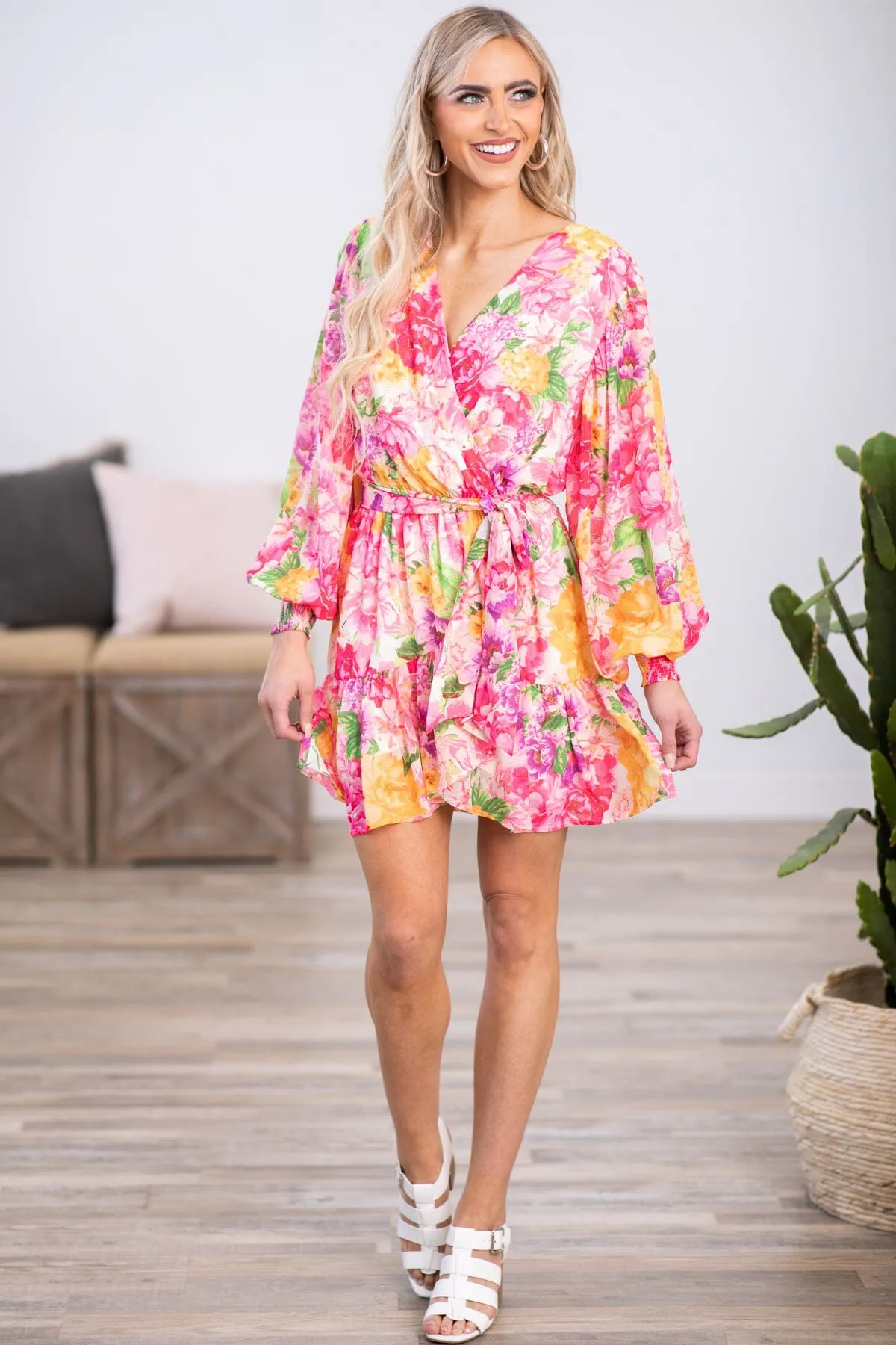 Hot Pink and Yellow Floral Long Sleeve Dress