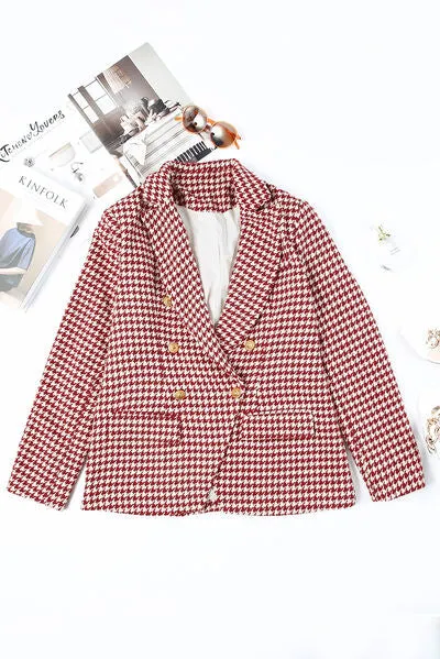 Houndstooth Collared Neck Double-Breasted Blazer