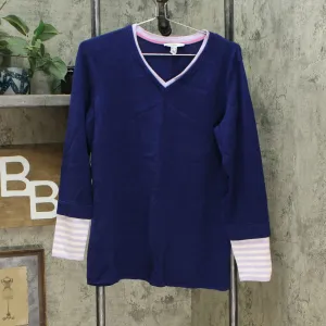 Isaac Mizrahi Live! V Neck Sweater With Layered Stripe Sleeve Navy Medium