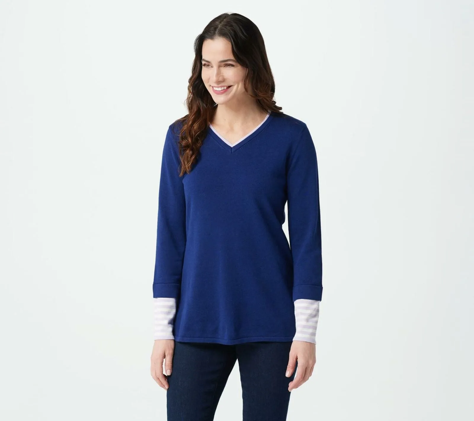 Isaac Mizrahi Live! V Neck Sweater With Layered Stripe Sleeve Navy Medium
