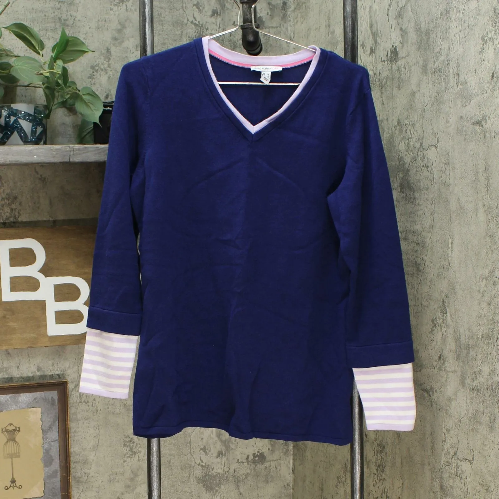 Isaac Mizrahi Live! V Neck Sweater With Layered Stripe Sleeve Navy Medium