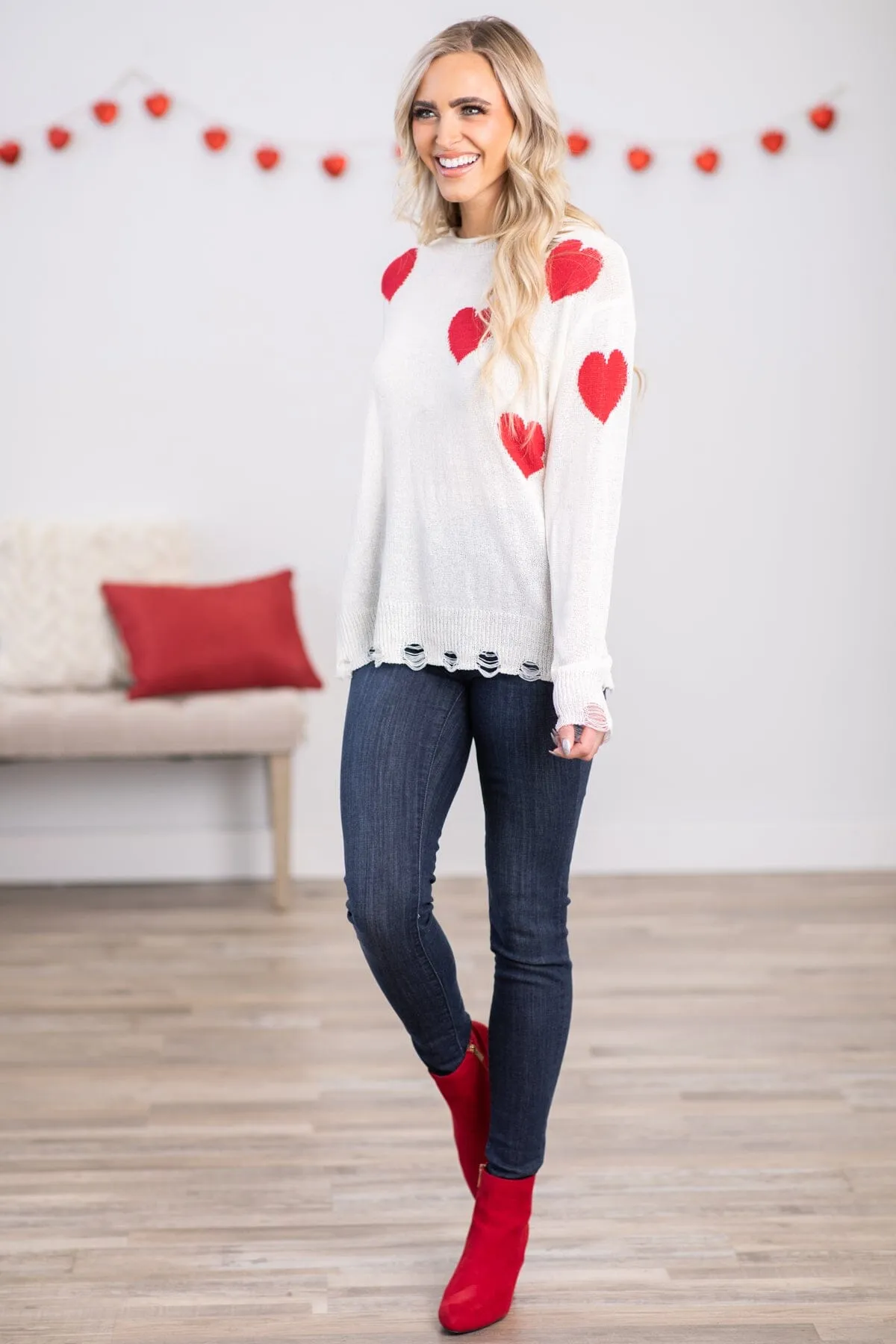 Ivory Intarsia Heart Lightweight Sweater