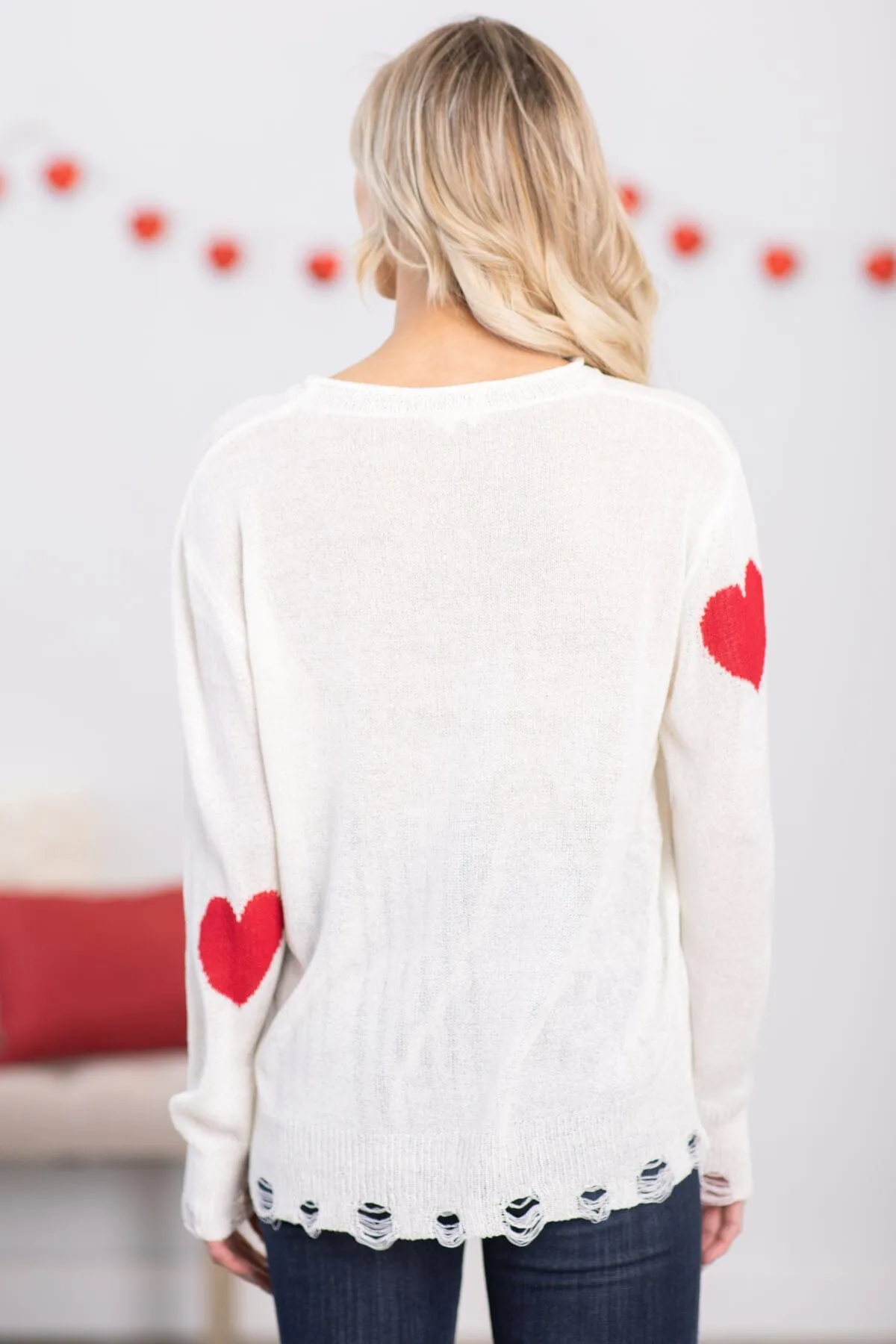 Ivory Intarsia Heart Lightweight Sweater