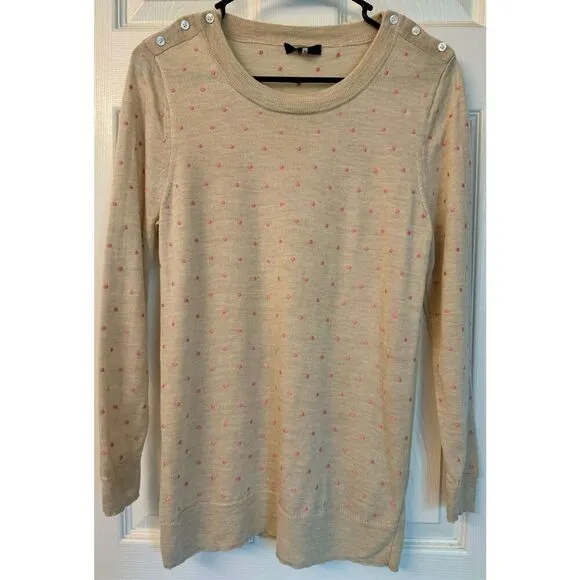 J.Crew Pink Polkadot 100% Merino Wool Lightweight Crewneck Sweater Size Medium