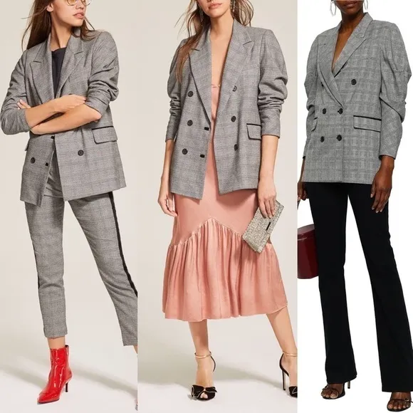 Joie Tomika Double Breasted Blazer Grey Plaid 12
