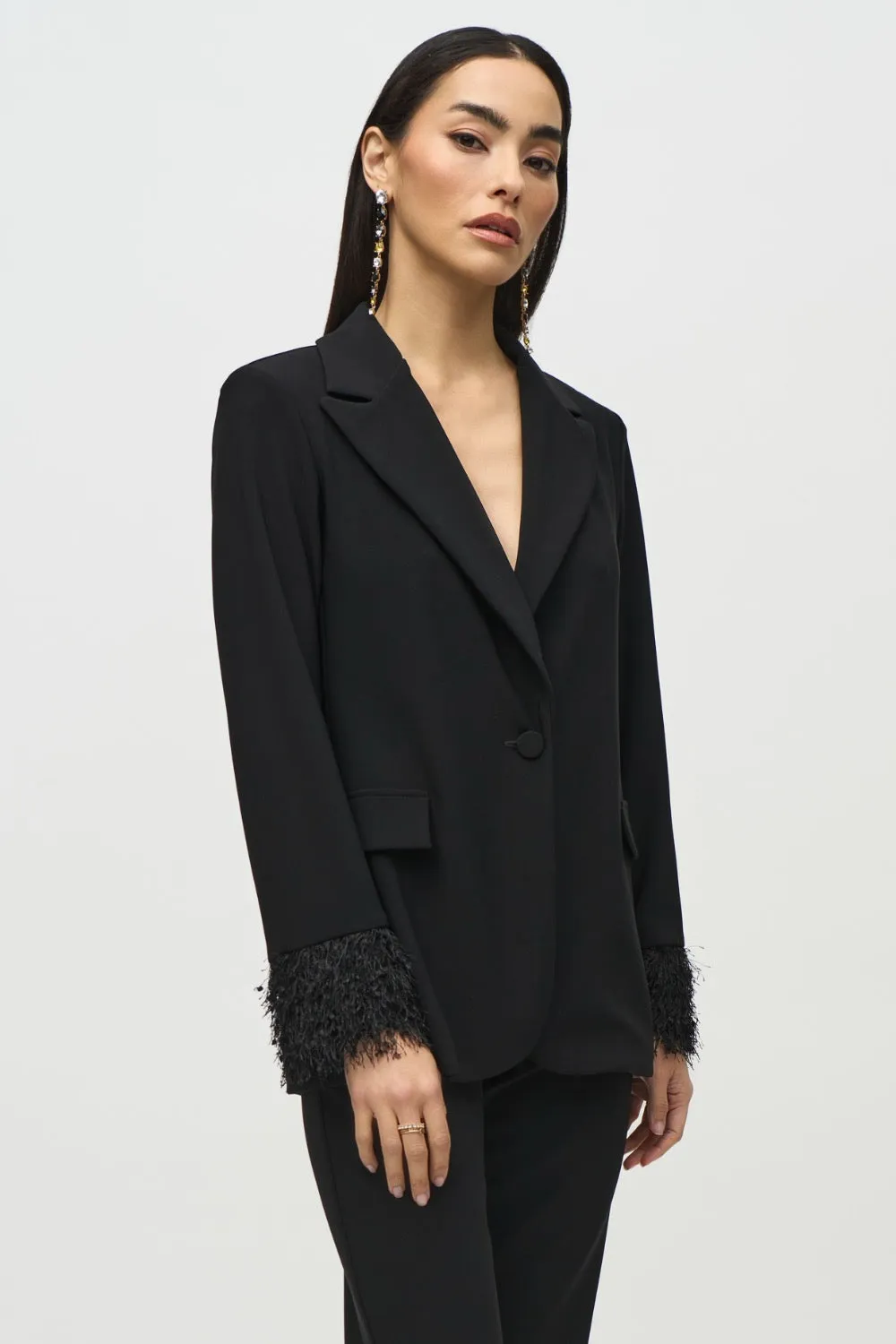 Joseph Ribkoff Black Fringe Cuffs Blazer Jacket 244194