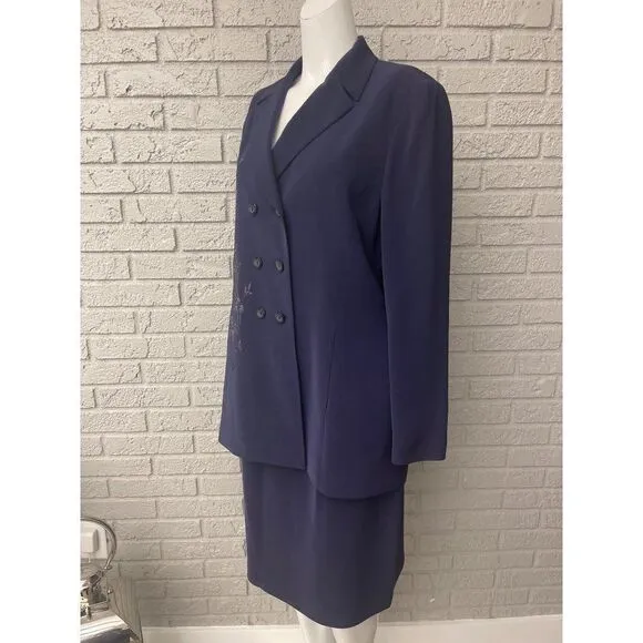 Kasper ASL Double Breasted Embroidered Skirt &amp; Jacket 2 Pcs Suit Set Size 12