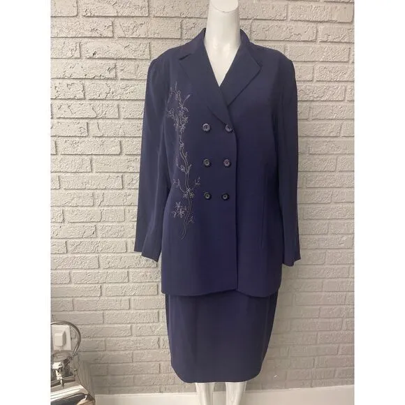 Kasper ASL Double Breasted Embroidered Skirt &amp; Jacket 2 Pcs Suit Set Size 12