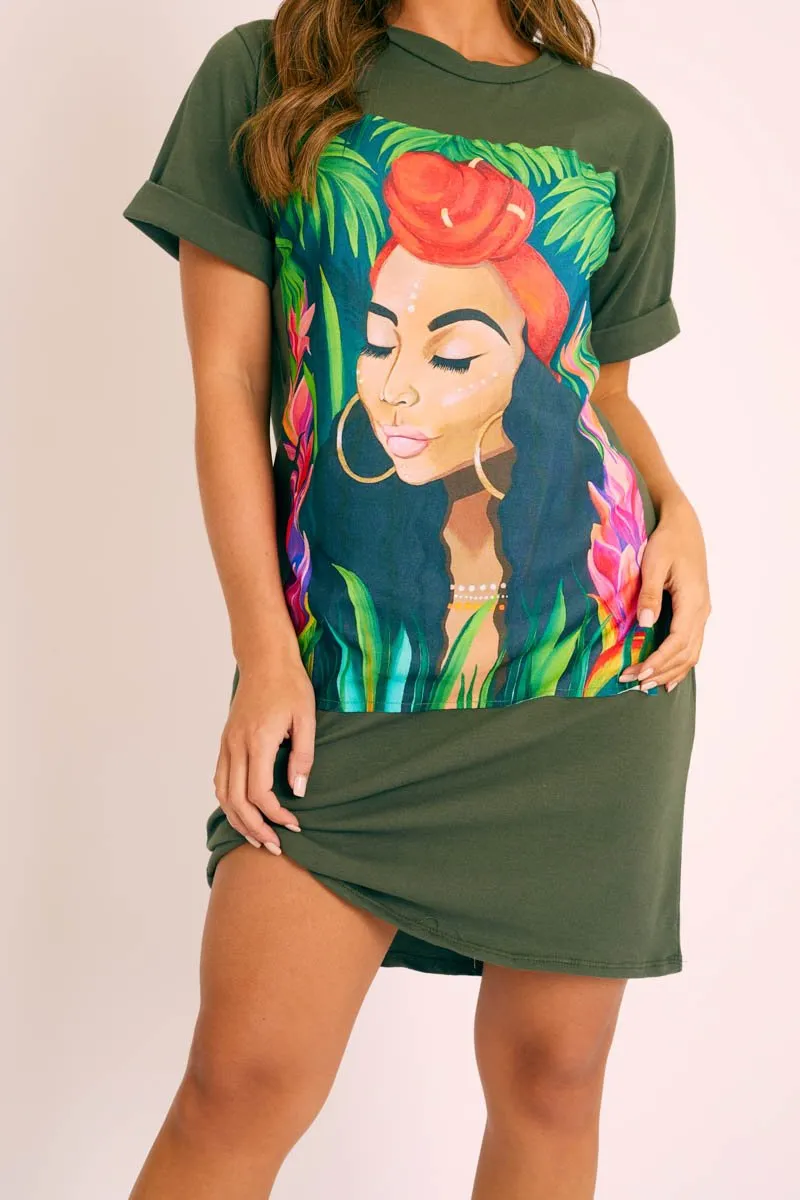 Khaki Graphic Printed T-shirt Dress - Meeka
