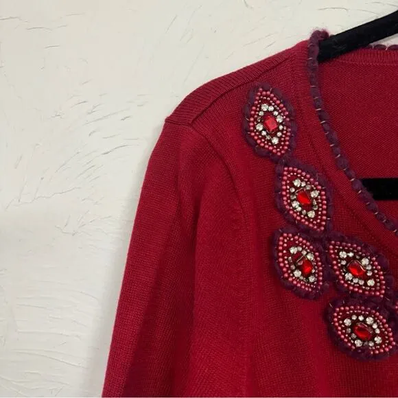 Knitted Dove Red Beaded Cardigan Sweater Womens L Cropped Preppy Coquette Boho