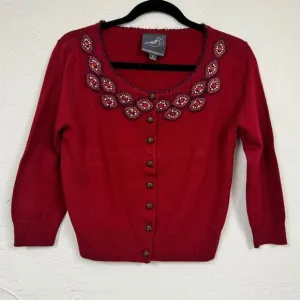 Knitted Dove Red Beaded Cardigan Sweater Womens L Cropped Preppy Coquette Boho