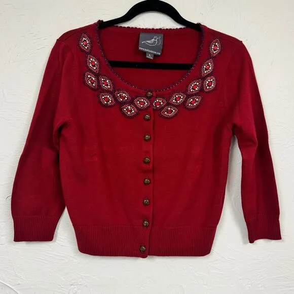 Knitted Dove Red Beaded Cardigan Sweater Womens L Cropped Preppy Coquette Boho