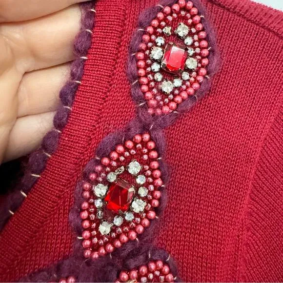 Knitted Dove Red Beaded Cardigan Sweater Womens L Cropped Preppy Coquette Boho