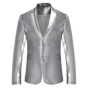 Lapel Single Breasted Metallic Color Blazer - Silver Xl