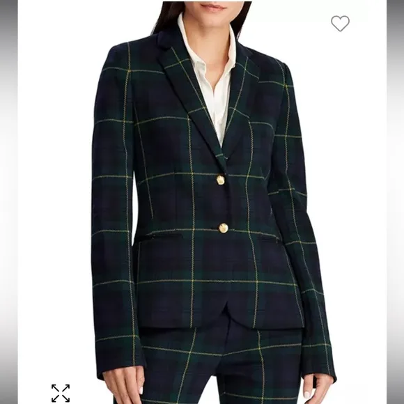 Lauren Ralph Lauren Plaid Blazer Equestrian Tartan Sz M Navy Green Gold