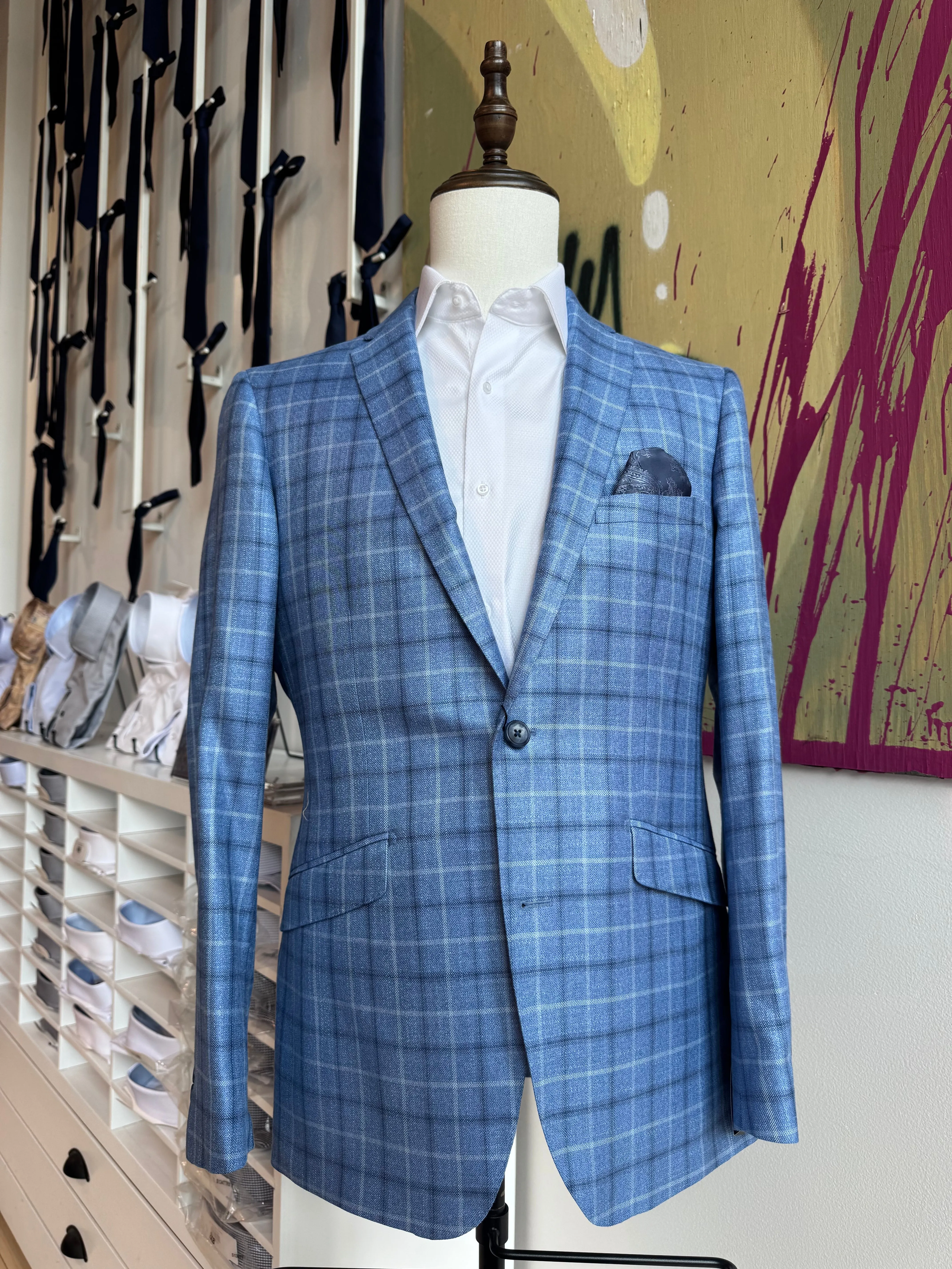 Light Blue Bamboo Plaid Blazer